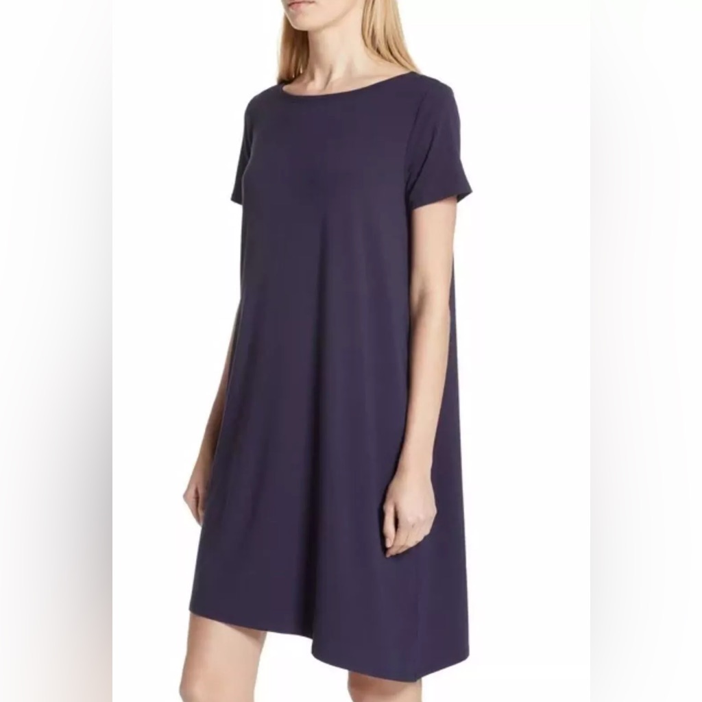 Eileen Fisher Navy Asymmetrical Stretch Jersey Ballet Neck Dress Medium